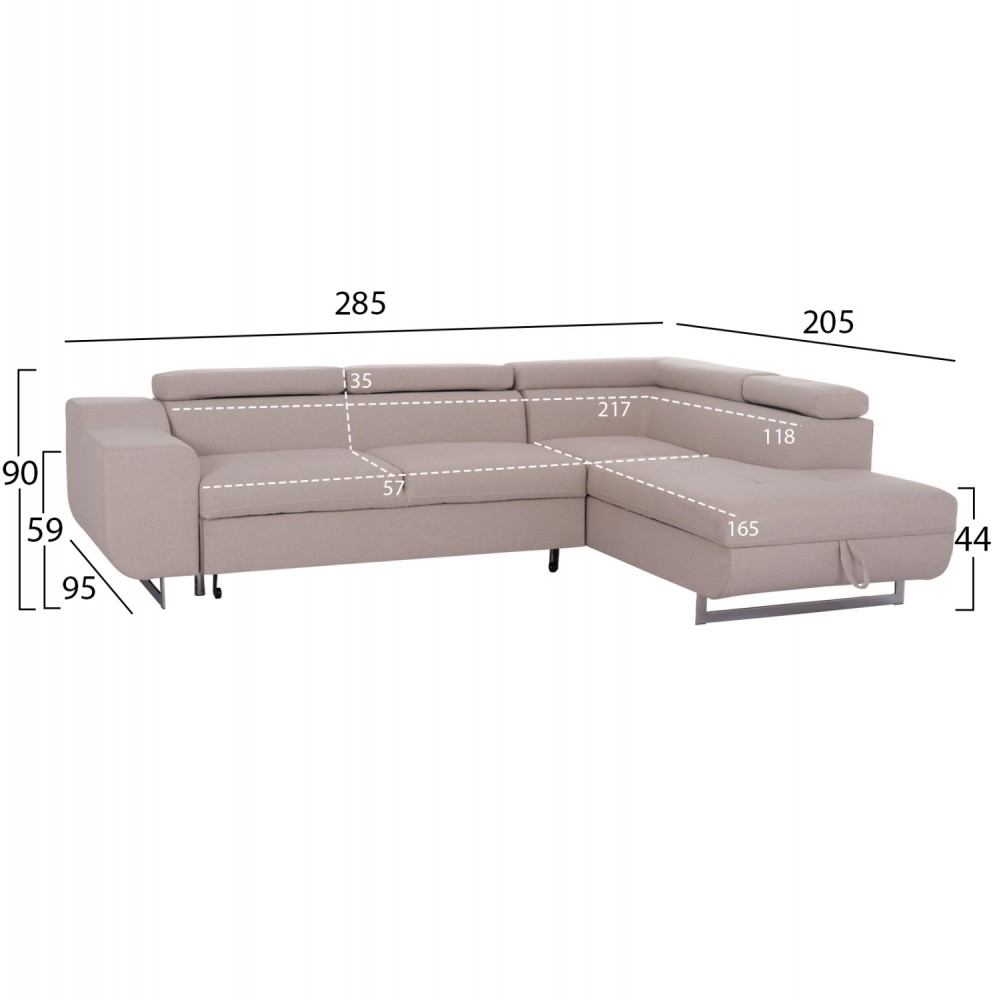 ΓΩΝΙΑΚΟΣ ΚΑΝΑΠΕΣ-ΚΡΕΒΑΤΙ ΜΕ ΑΠΟΘ.ΧΩΡΟ ENCORE HM3301.03R ΜΠΕΖ ΥΦΑΣΜΑ 285x205x90Υεκ.