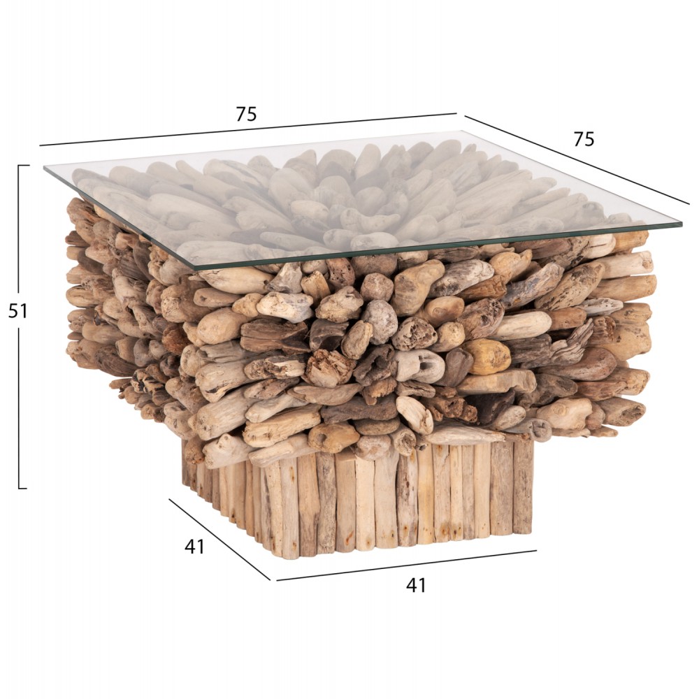 ΤΡΑΠΕΖΙ ΣΑΛΟΝΙΟΥ ΤΕΤΡΑΓΩΝΟ SPARROW HM9961 DRIFTWOOD--ΓΥΑΛΙ 75x75x51Υεκ.