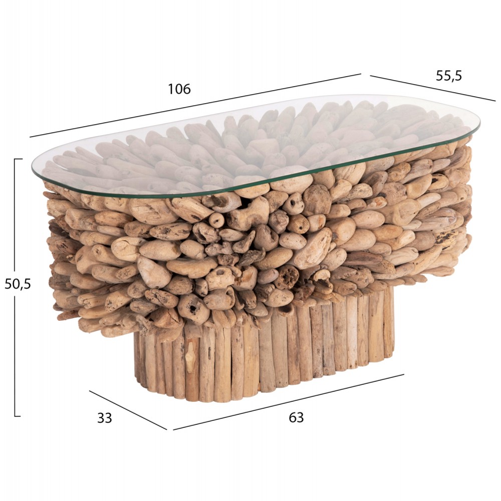 ΤΡΑΠΕΖΙ ΣΑΛΟΝΙΟΥ ΟΒΑΛ SPARROW HM9962 DRIFTWOOD--ΓΥΑΛΙ 106x55,5x50,5Υεκ.