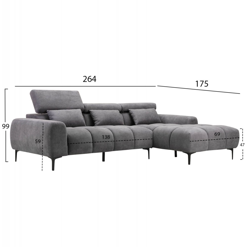 ΚΑΝΑΠΕΣ ΔΕΞΙΑ ΓΩΝΙΑ DIVYA HM3267.12R ΓΚΡΙ ΥΦΑΣΜΑ 264x175x99Υεκ.