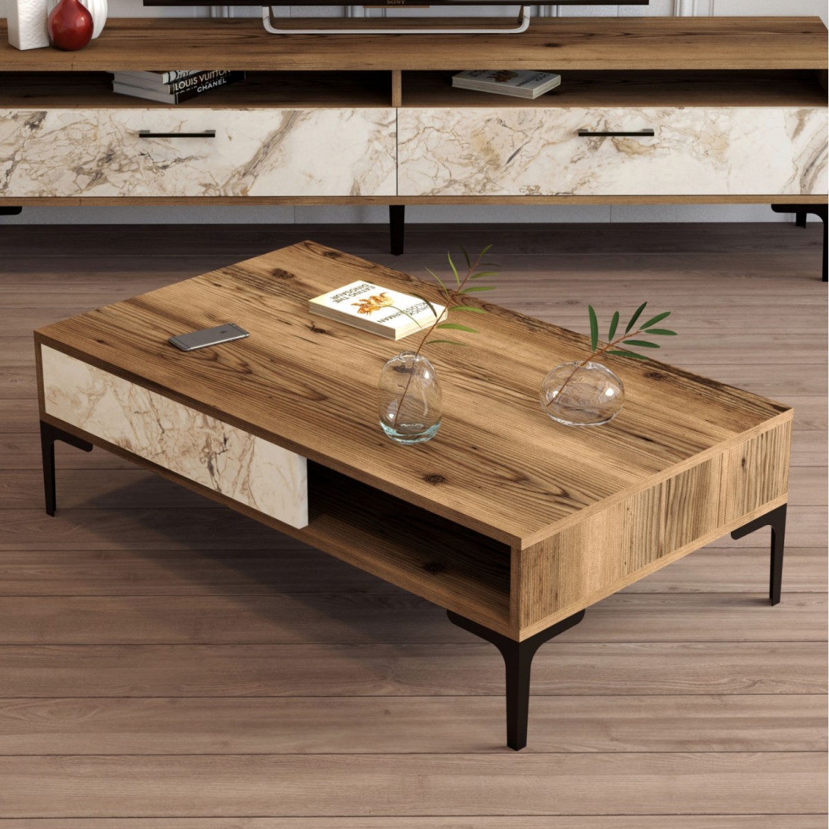 ΤΡΑΠΕΖΙ ΣΑΛΟΝΙΟΥ HM9503.05 ΜΕΛΑΜΙΝΗΣ ΚΑΡΥΔΙ-ΛΕΥΚΟ ΜΑΡΜΑΡΟ&ΜΕΤΑΛ.ΠΟΔΙ 105x60x32.6Υεκ.