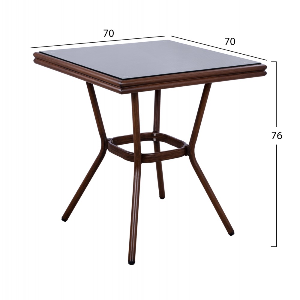 ΤΡΑΠΕΖΙ ΑΛΟΥΜΙΝΙΟΥ HARLOW 70X70X76  BAMBOO LOOK HM5568.03 ΚΑΦΕ ΜΕ ΓΥΑΛΙ