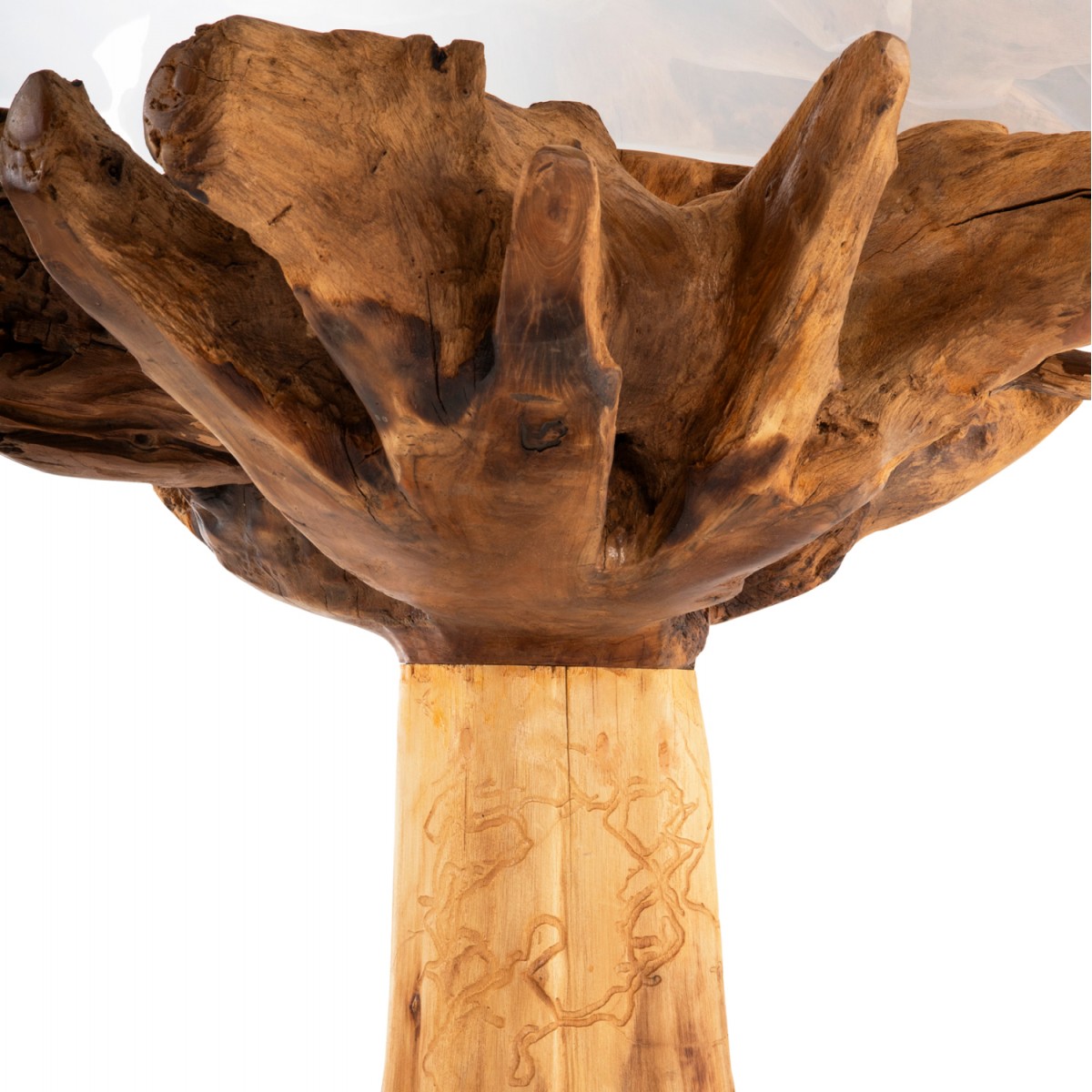 ΤΡΑΠΕΖΙ ΤΡΑΠΕΖΑΡΙΑΣ ROOTS HM9395 ΞΥΛΟ ΡΙΖΑΣ ΤΕΑΚ ΚΑΙ ΕΠΙΦΑΝΕΙΑ ΓΥΑΛΙ 150x150X80Υεκ.