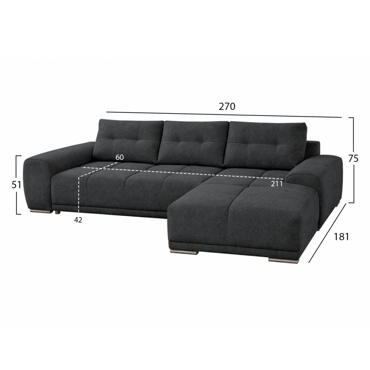 ΚΑΝΑΠΕΣ ΚΡΕΒΑΤΙ ΔΕΞΙΑ ΓΩΝΙΑ COMFYRA HM3336.01R ΓΚΡΙ ΥΦΑΣΜΑ 270x181x75Υεκ