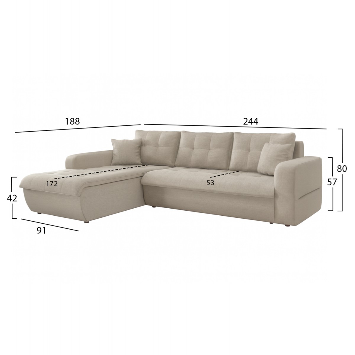 ΚΑΝΑΠΕΣ ΚΡΕΒΑΤΙ ΑΡΙΣΤΕΡΗ ΓΩΝΙΑ KANSO HM3338.03L ΜΠΕΖ ΥΦΑΣΜΑ 244x188x80Υεκ