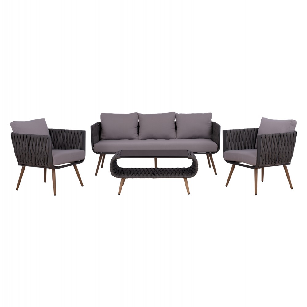 ΣΕΤ ΣΑΛΟΝΙ 4ΤΜΧ VARNAMO HM5282.11 ΑΛΟΥΜΙΝΙΟ ΟΨΗ ΞΥΛΟΥ-ΣΧΟΙΝΙ STRAP ΓΚΡΙ-ΓΥΑΛΙ