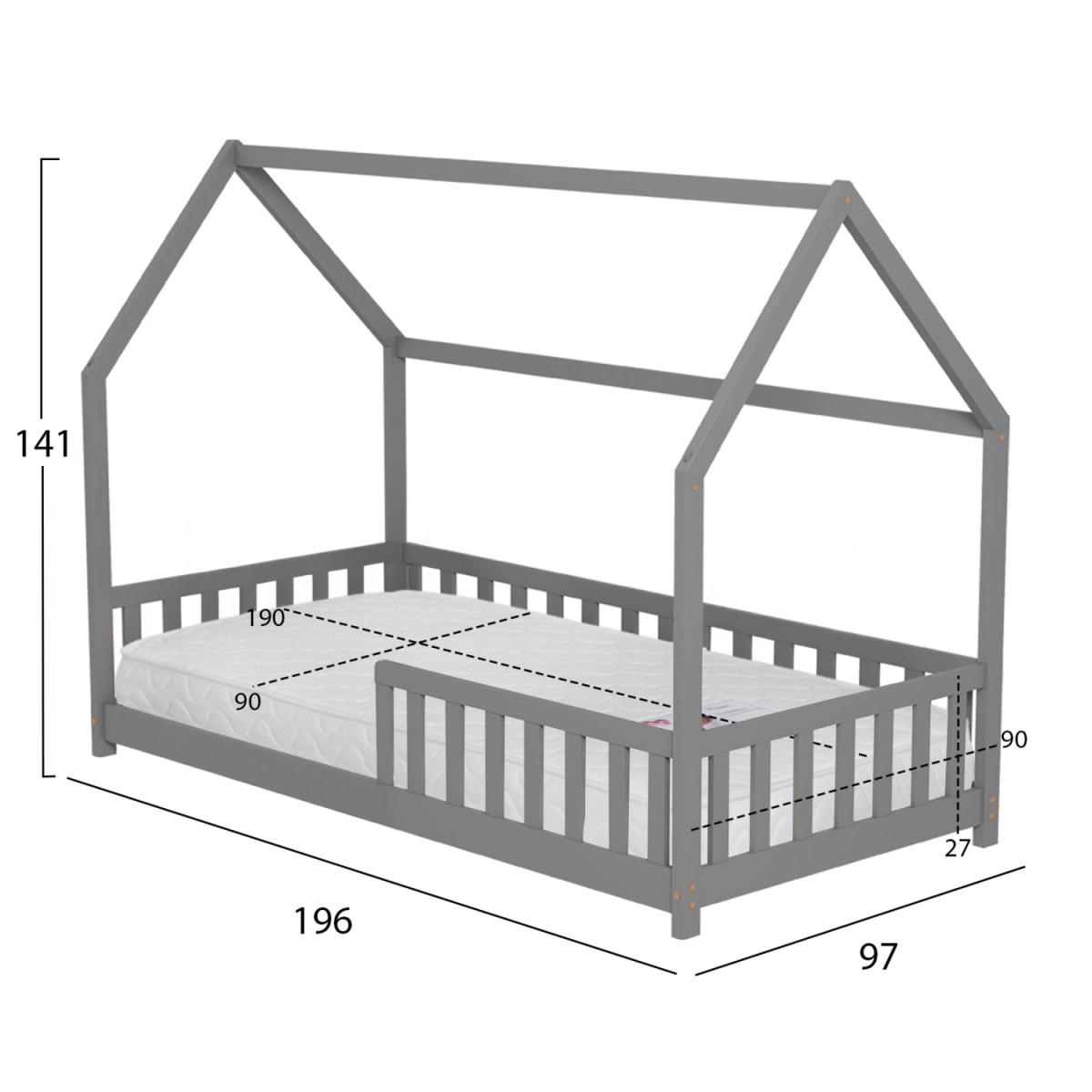ΚΡΕΒΑΤΙ ΠΑΙΔΙΚΟ ΜΕ ΣΤΡΩΜΑ PHYLLIS HM21304.02 ΞΥΛΟ ΠΕΥΚΟΥ ΣΕ ΓΚΡΙ--ΣΤΡΩΜΑ 90x190εκ