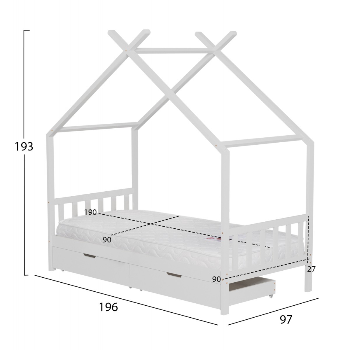ΚΡΕΒΑΤΙ ΠΑΙΔΙΚΟ ΜΕ ΣΤΡΩΜΑ KLARICE HM21305.01 ΞΥΛΟ ΠΕΥΚΟΥ ΣΕ ΛΕΥΚΟ--ΣΤΡΩΜΑ 90x190εκ