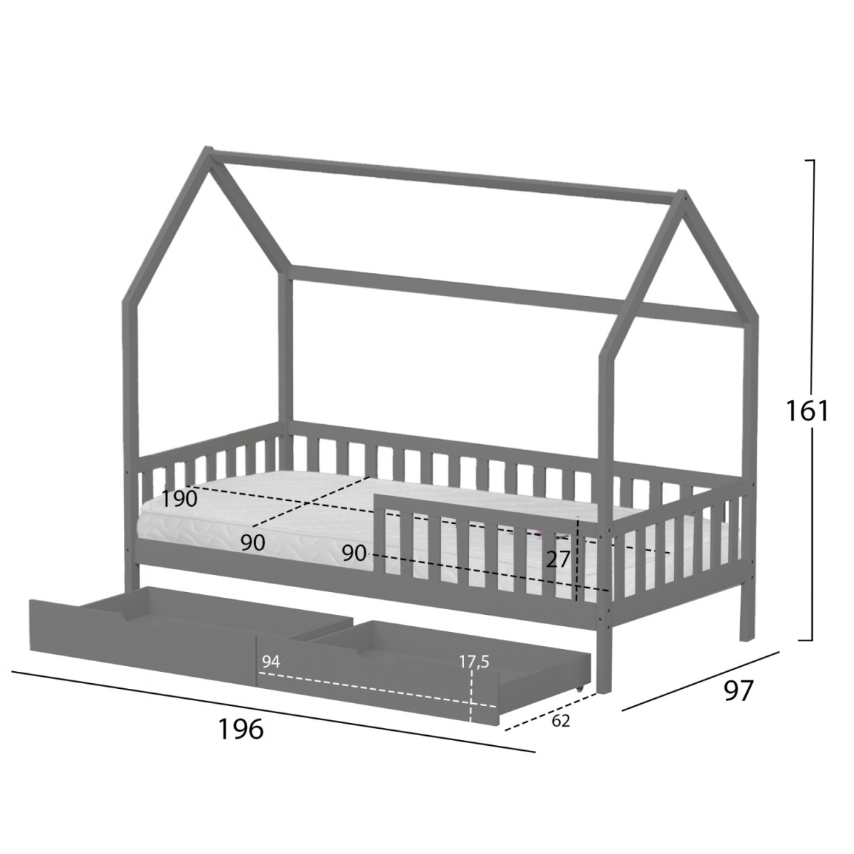 ΚΡΕΒΑΤΙ ΠΑΙΔΙΚΟ ΜΕ ΣΥΡΤΑΡΙΑ PHYLLIS HM21324.02 ΞΥΛΟ ΠΕΥΚΟΥ ΓΚΡΙ--ΜΕ ΣΤΡΩΜΑ 90x190εκ