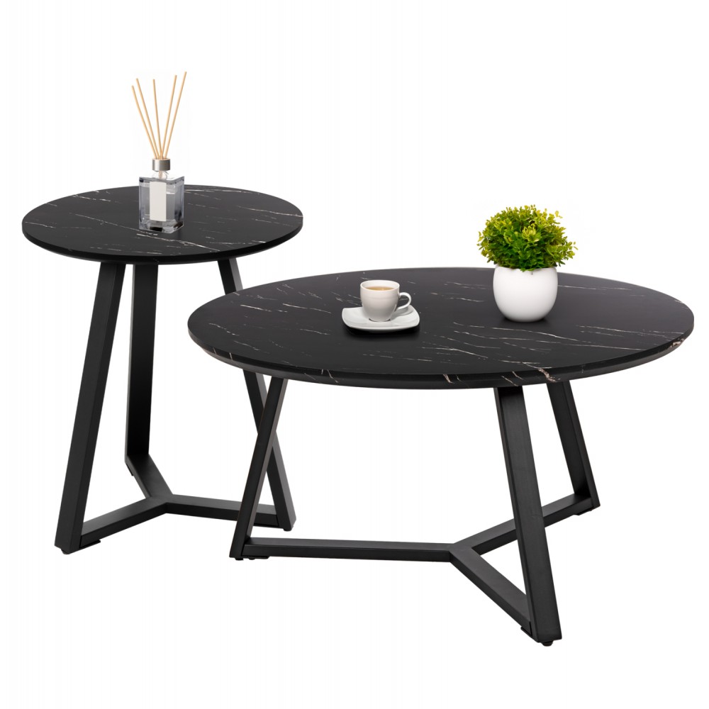 ΣΕΤ 2ΤΜΧ ΤΡΑΠΕΖΙΑ ΣΑΛΟΝΙΟΥ ROCKET HM21090 MDF ΜΑΥΡΟ ΜΑΡΜΑΡΟ Φ80εκ & Φ45εκ